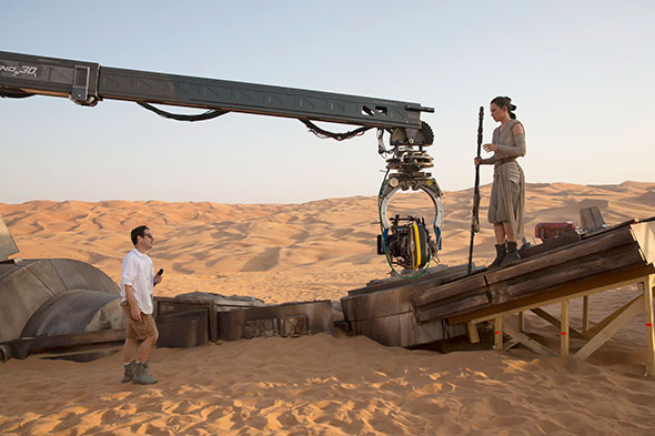 Director J.J. Abrams and actress Daisy Ridley (Rey) in the desert