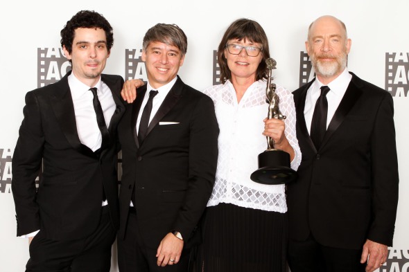 Director and presenter Damien Chazelle, Tom Cross, ACE, best edited dramatic feature film Eddie Award winner Margaret Sixel, and actor J.K. Simmons.  