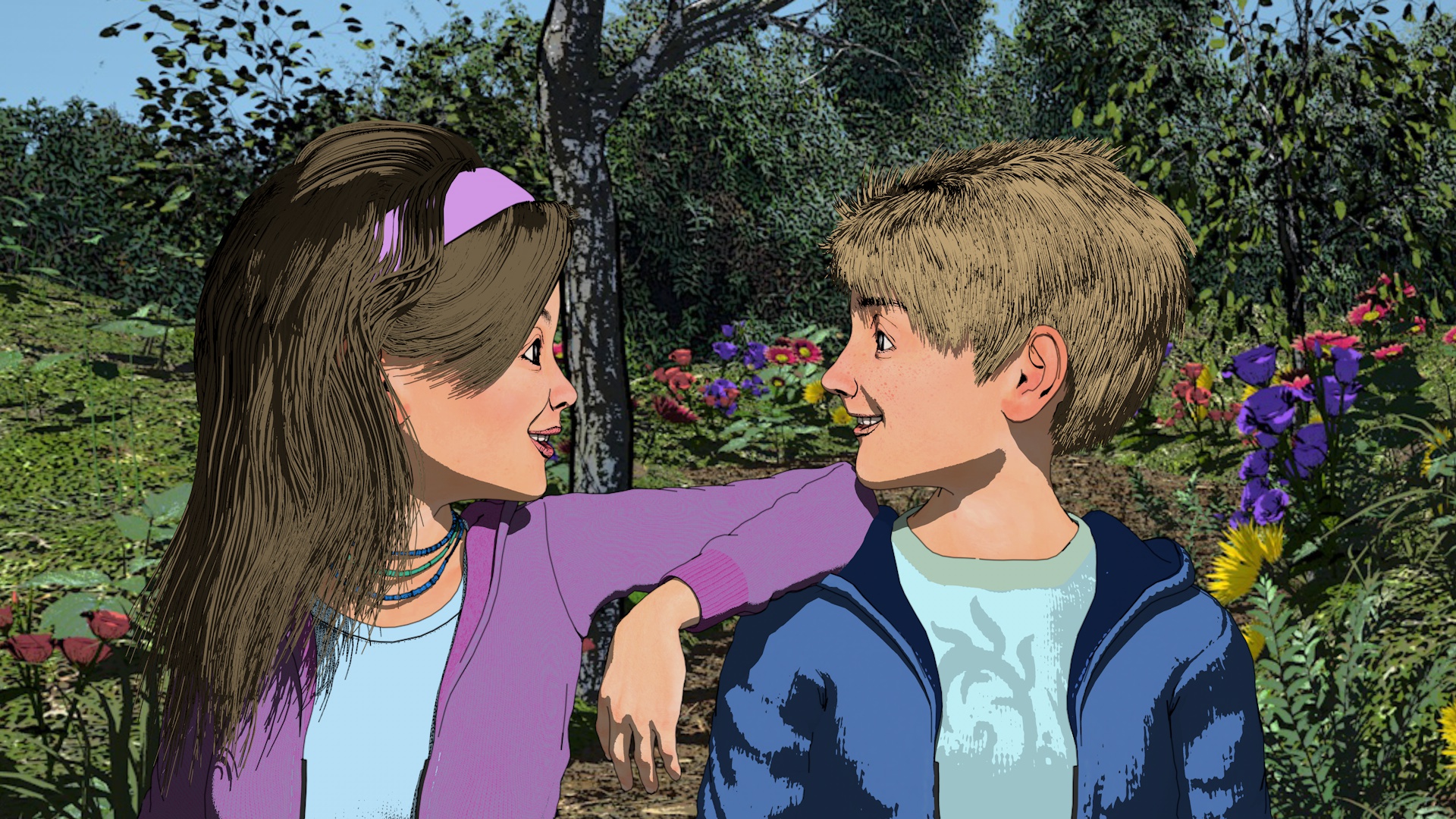 Outdoor scenes, which brighten when the boys are taught that girls and women are friends, mothers and sisters, were modeled from scratch in Cinema 4D Interior scenes were a mix of custom work and models purchased online.