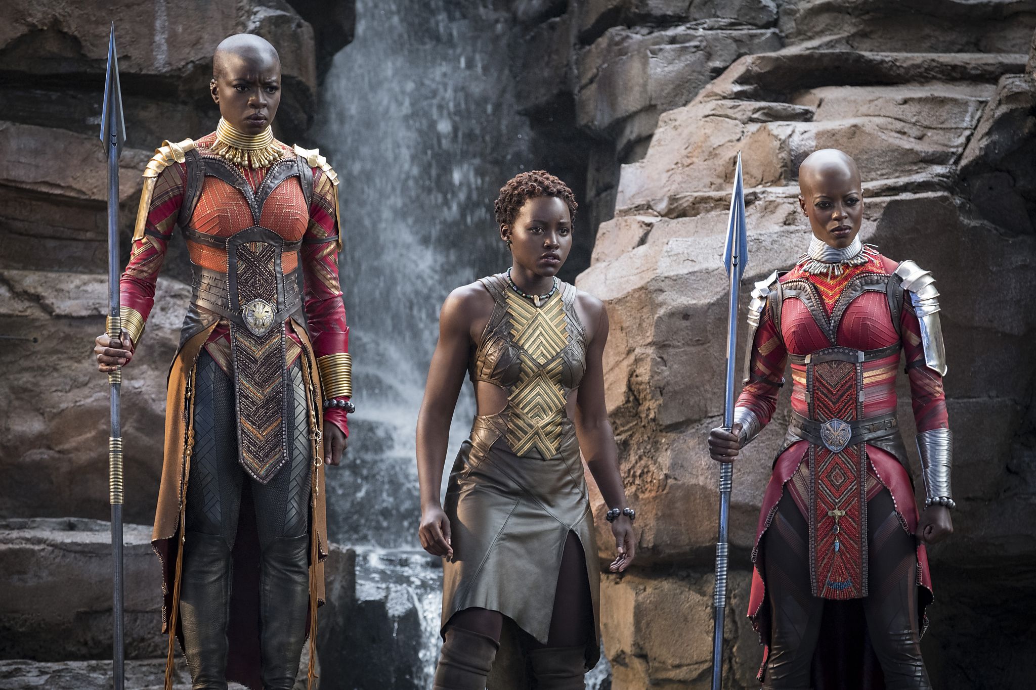 L to R: Okoye (Danai Gurira), Nakia (Lupita Nyong'o) and Ayo (Florence Kasumba) in <i>Black Panther</i>