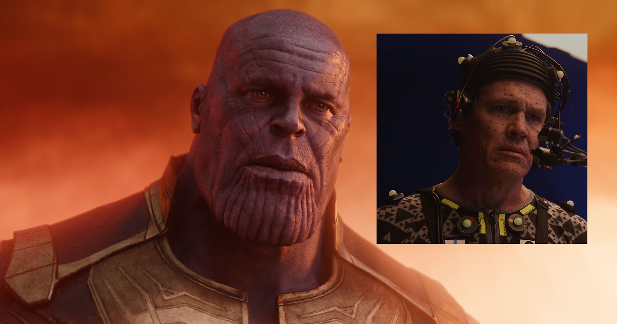 Thanos and Josh Brolin in performance capture rig for Avengers: Infinity War