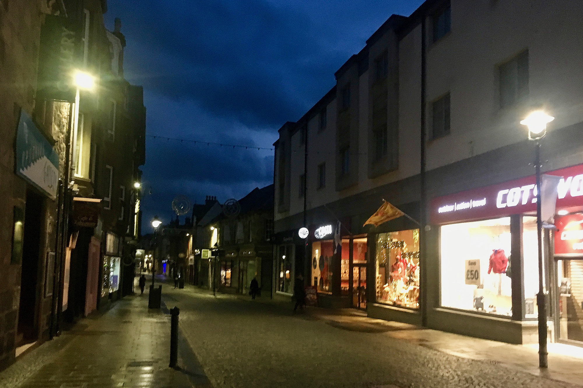 Main Street, Fort William, Scotland, at dusk.
