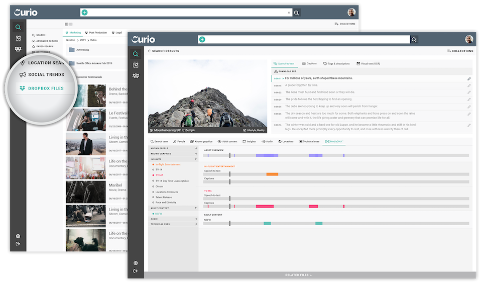 Screenshot of GrayMeta's Curio platform with Dropbox file support