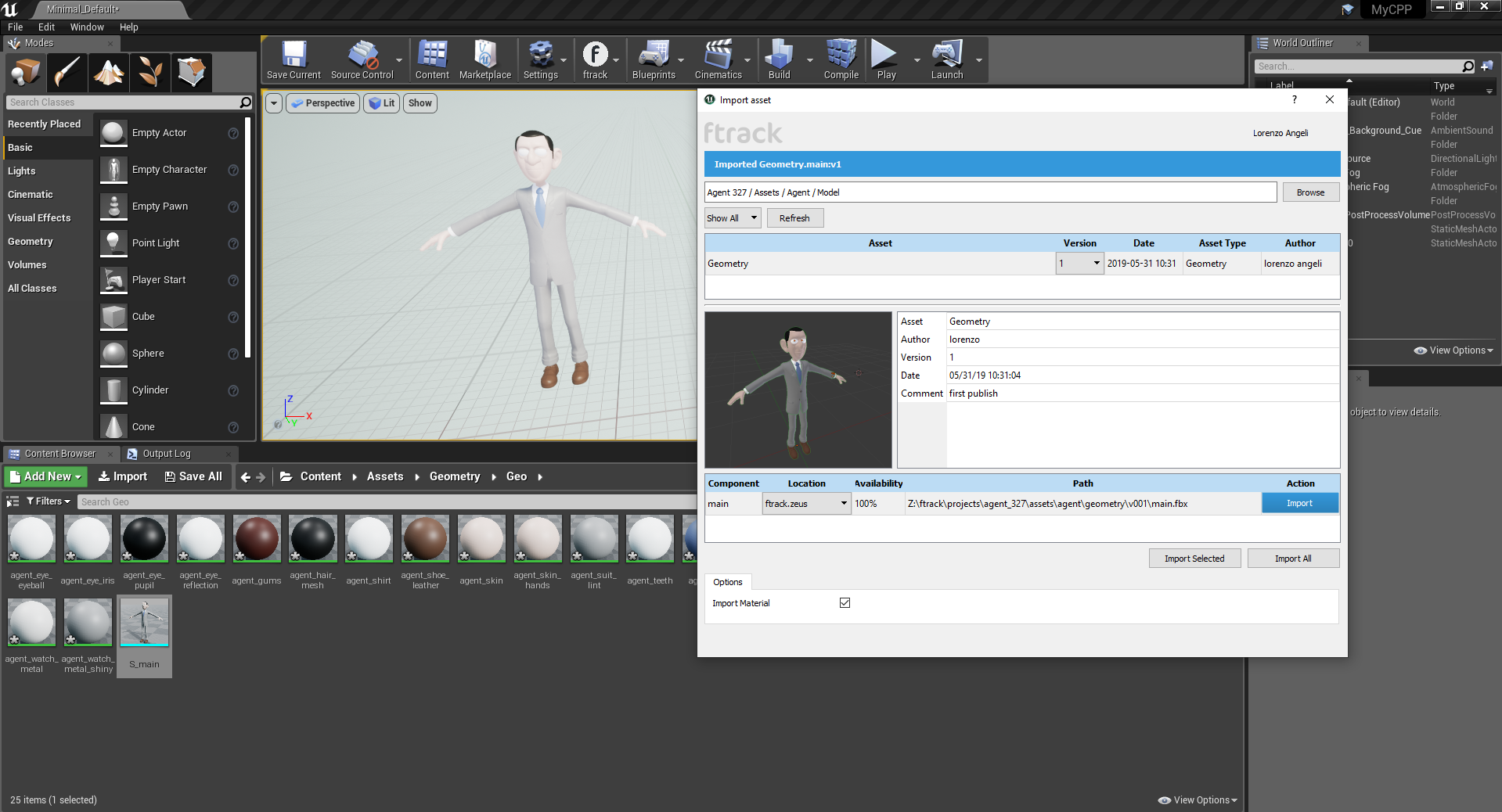 Screenshot: Ftrack integration with unreal Engine